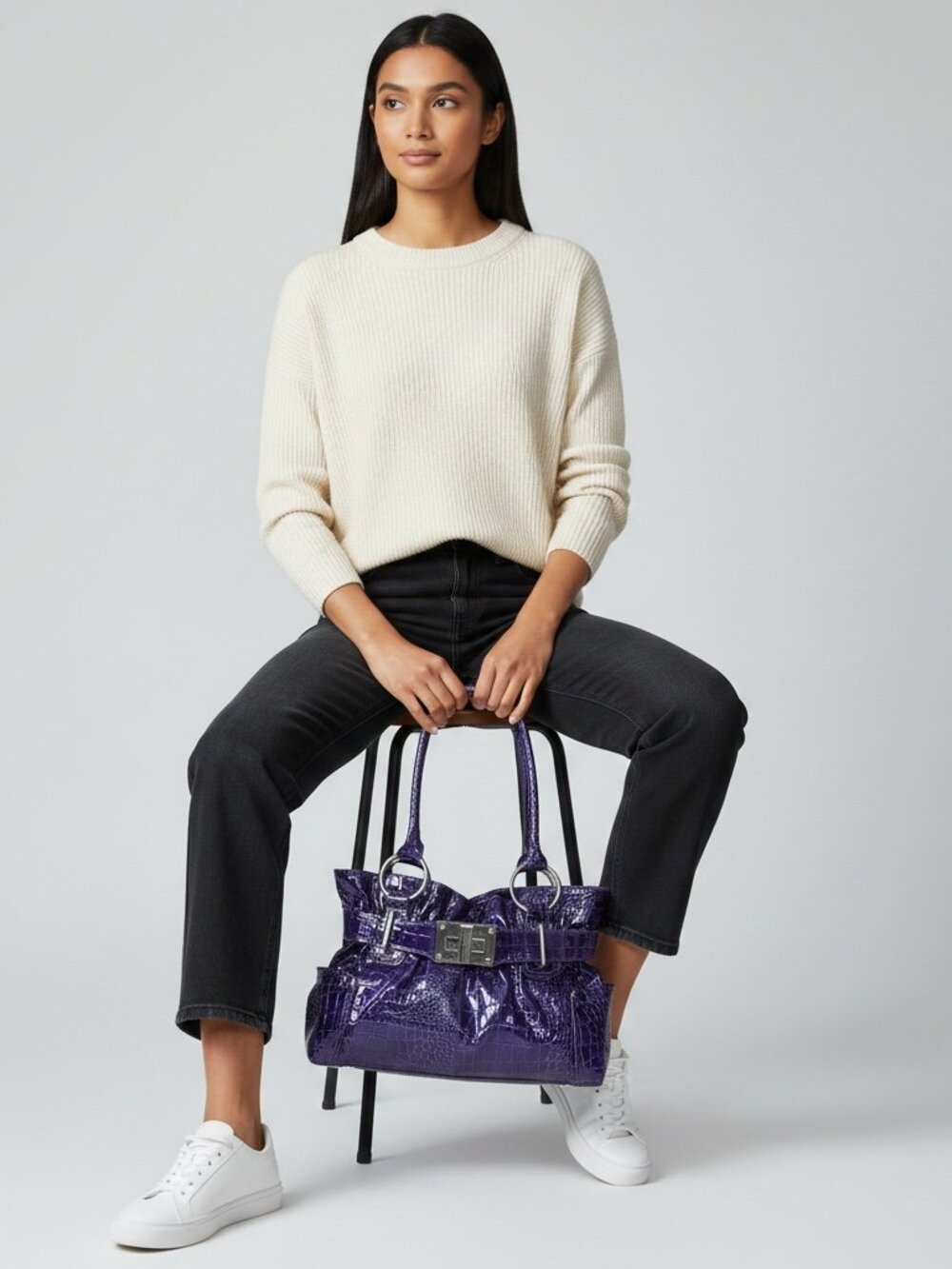 Vibrant Purple Snakeskin Embossed Shoulder Bag Silver Hardware Statement Purse